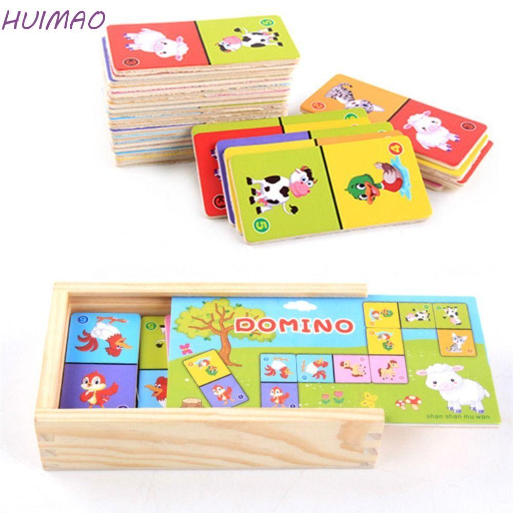 HUIMAO ไม้ Domino Building Blocks ชุด, บล็อกไม้การศึกษาสัตว์ Domino ปริศนาของเล่น, สมองการออกกําลังก