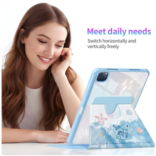 เคสสําหรับ Samsung Tab S10+ Plus 12.4" | Tab S9+ S8+ หนัง PU หรูหราพิมพ์ลายน่ารัก | ด้านหลังอะคริลิคใส | Anti-stain Cover Tab S10 Ultra 360°A1331 บีช海