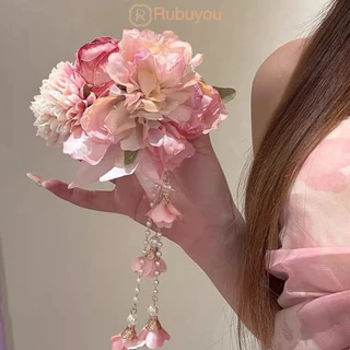 Rubuyou กิ๊บติดผมลายดอกไม้ สีชมพู ประดับพู่ ฤดูร้อนคลิปด้านข้าง สำหรับผู้หญิง วันหยุดพักผ่อน/ริมทะเล เครื่องประดับผม-COD