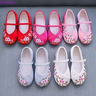 ECHOSKY รองเท้าเต้นเด็กผู้หญิง ลายดอกไม้เย็บปักถักร้อยแบบ Soft Sole สำหรับHanfu ทนทานและลื่นในคลาสDans