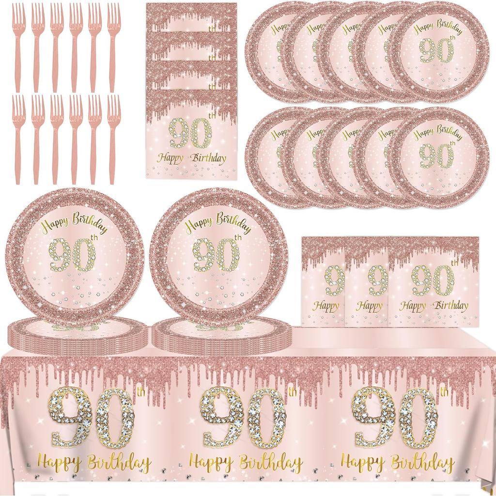 ตกแต่งวันเกิด 90th สําหรับผู้หญิง,61 ชิ้น Rose Gold 90th ตกแต่งวันเกิดบนโต๊ะอาหารรวม Happy 90th แผ่น