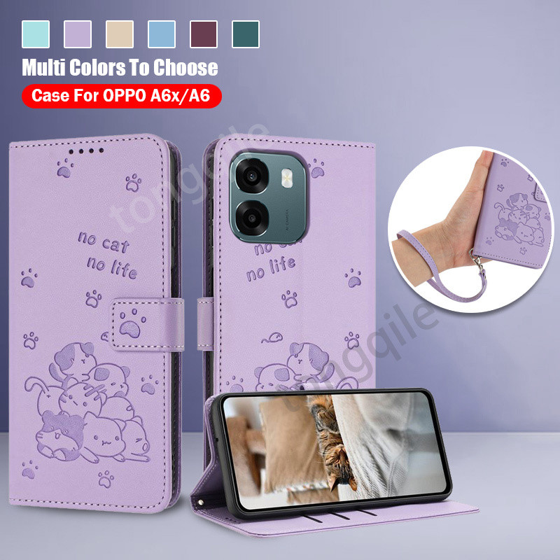 กรณีพลิกสําหรับ OPPO A6x A6t Pro A6 4G 5G 2025 หรูหราหนังฝาครอบโทรศัพท์ปลอกช่องเสียบการ์ดกระเป๋าสตางค์แมวรูปแบบ Stand Holder กันชนกันกระแทก Anti Drop Lanyard