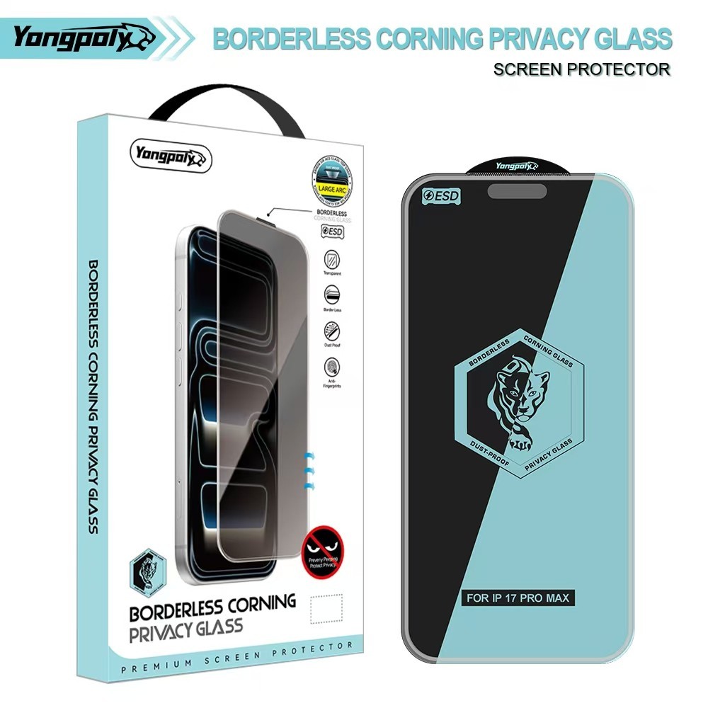 Yongpoly Corning Privacy ฟิล์มกระจกกันส่อง 30° เต็มจอ | Privacy Tempered Glass สำหรับ iPhone 16PLUS 15PRO 14PRO17PROMAX