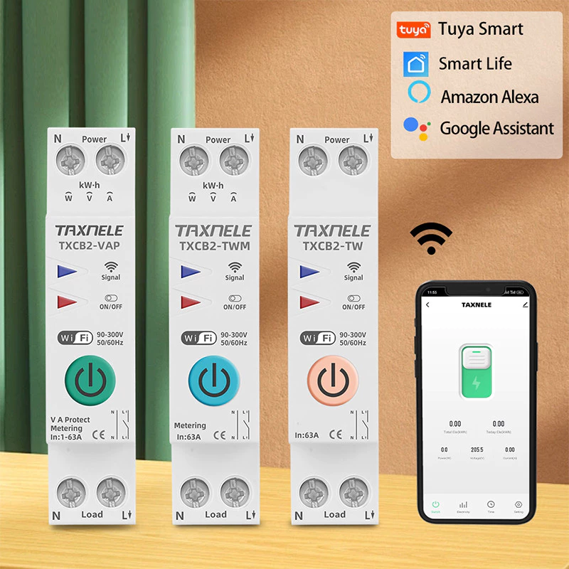 Tuya WIFI สมาร์ท Circuit Breaker Power Energy Meter KWh 1P 63A รีโมทคอนโทรลจับเวลาแรงดันไฟฟ้า Protector