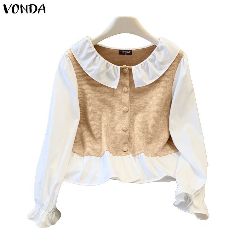 VONDA เสื้อถักแขนยาวสำหรับผู้หญิง ดีไซน์ Korean Ladylike กับรายละเอียดแพทช์วอร์คและริฟเฟิลสีตัดกัน
