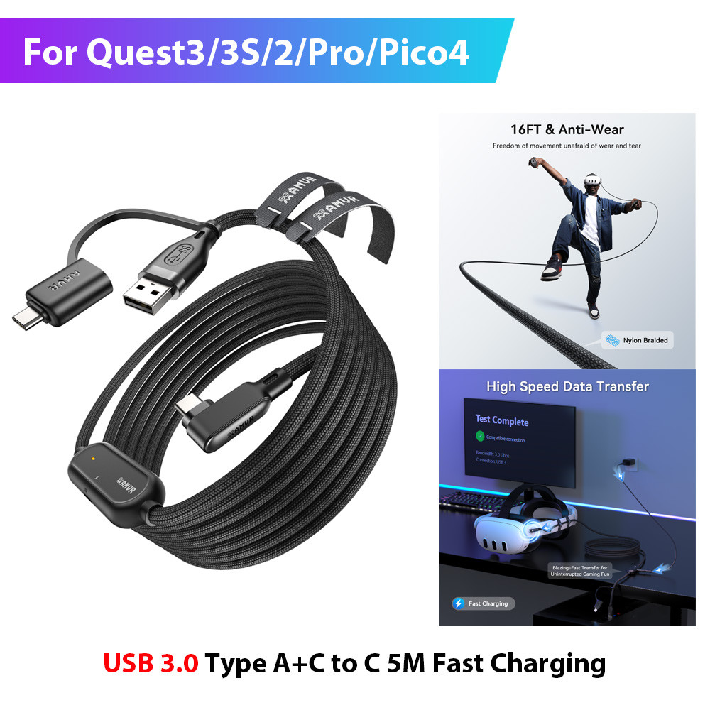 AMVR VR Link สาย USB 3.0 ประเภท A + C ถึง C 5M Fast Charging Line สําหรับ Oculus Quest3/3S/2/Pro/Pic