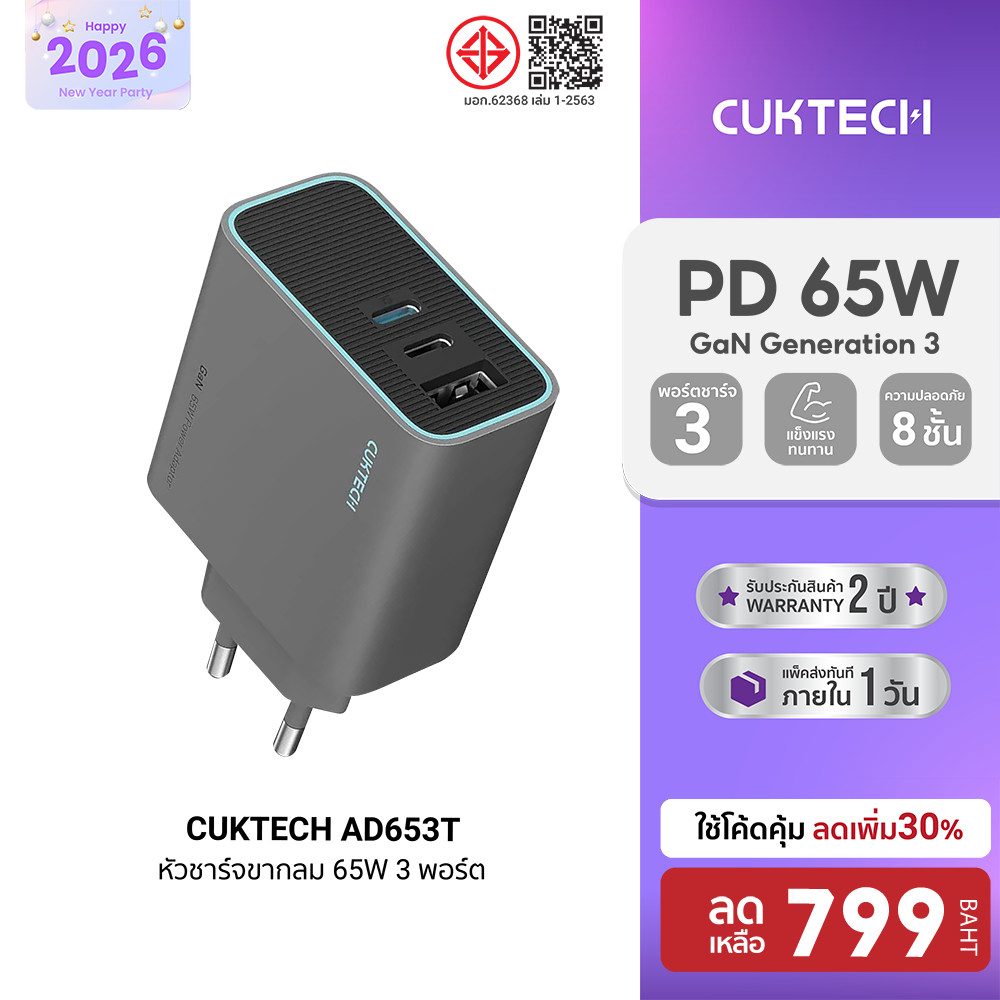 [ลดเหลือ 799] CUKTECH GaN3 AD653C / AD653T 65W หัวชาร์จเร็ว รองรับ PD3.0 , QC ชาร์จสูงสุด 3 อุปกรณ์ 