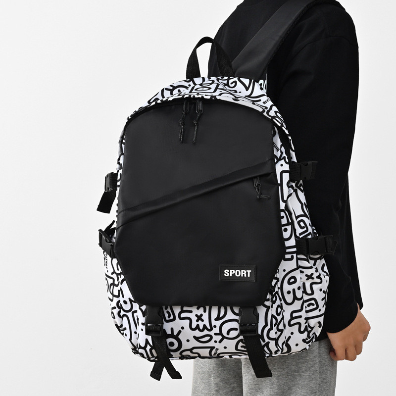 กระเป๋าเป้ลายกราฟฟิตี้ฮิปฮอปสตรีท | สำหรับผู้ชายและผู้หญิง ความจุใหญ่ ใส่แล็ปท็อปได้ - รูปที่ 3