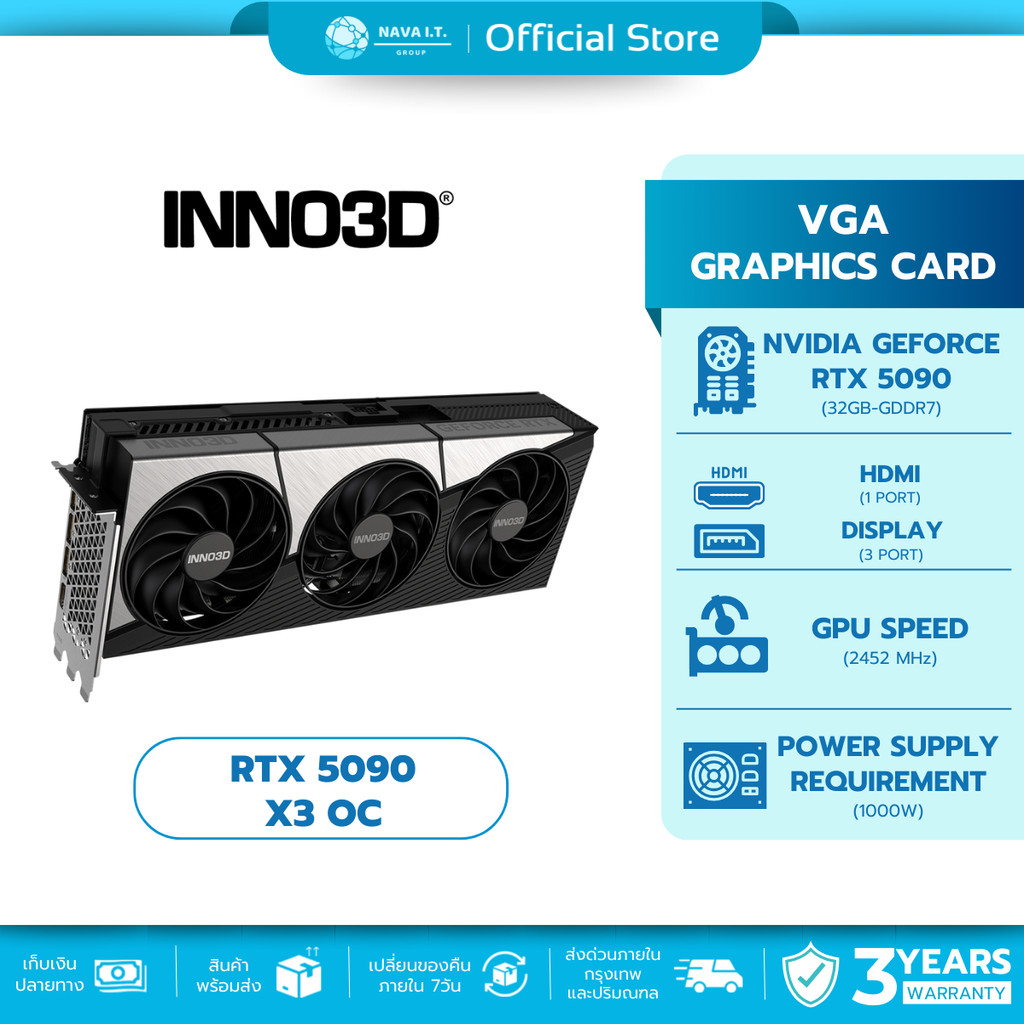 (ส่งด่วน) INNO3D VGA การ์ดจอ RTX 5090 X3 OC 32GB รับประกัน 3 ปี
