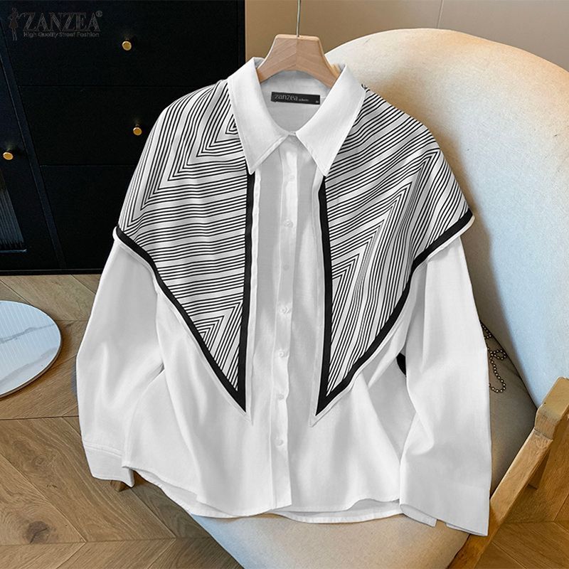 ZANZEA เสื้อคลุมแขนยาวสไตล์วินเทจเกาหลี พิมพ์ลายทางและ patchwork สวมใส่ง่าย — صورة 5