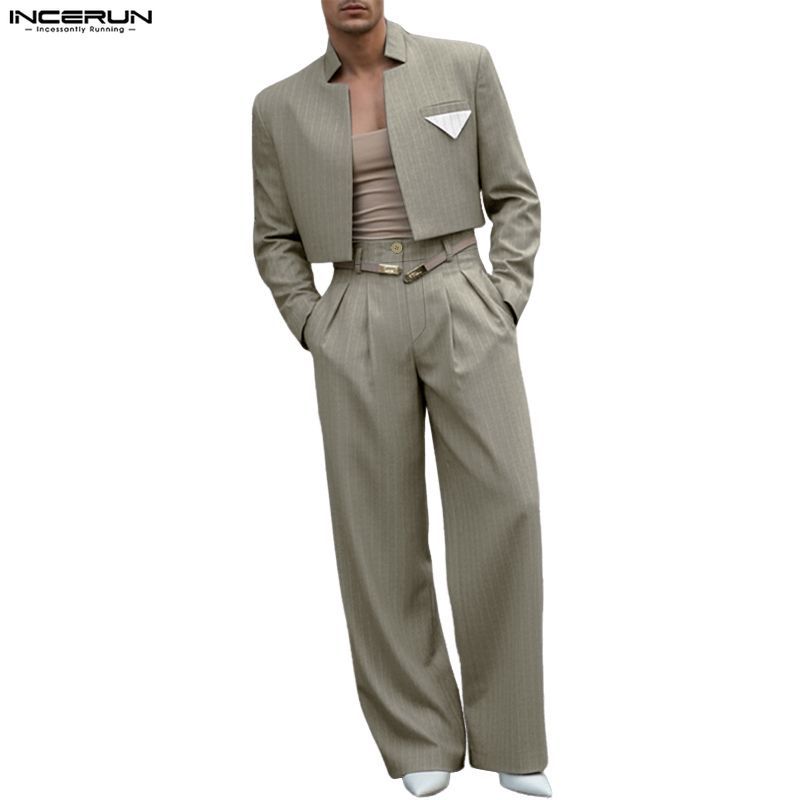 INCERUN สูทวินเทจสำหรับผู้ชาย แบบปกพับลง แขนยาว ทรงเอวสูง และลายเส้น Stripe พร้อมกางเกง