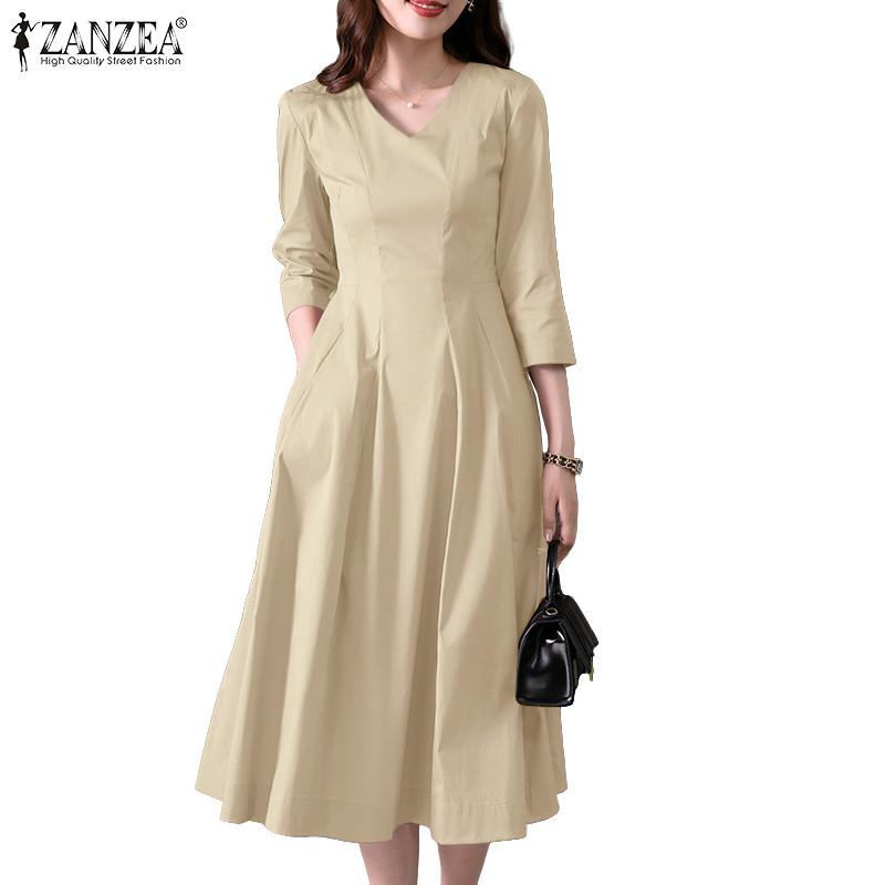 ZANZEA กระโปรง midi A-line สไตล์เกาหลีเรียบร้อย ดีไซน์ V-neck พร้อม pleat และเข้าทรงที่เอว