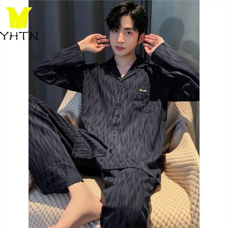 YHTN ชุดนอนผู้ชายผ้าฝ้ายแท้ 100% ผู้ชายความรู้สึกระดับไฮเอนด์สามารถสวมใส่นอกลําลองผ้าฝ้ายฤดูใบไม้ผลิฤดูใบไม้ร่วง ชุดบ้าน ชุดชุดนอนผู้