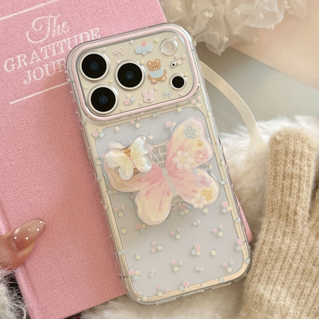 โปร่งใสด้านข้างรักดอกไม้ผีเสื้อป้องกันเคสโทรศัพท์ทําจาก ทีพียู เข้ากันได้กับ ไอโฟน 11, 12, 13, 14, 15, 16, 17 มือโปร สูงสุด