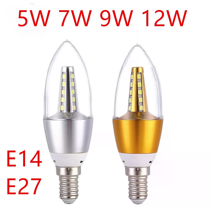 1 pcs หลอดไฟ LED เทียน E14 5W 9W 12W หลอดไฟอลูมิเนียมสีทอง AC 220V โคมไฟ Cool Warm White Lampada Bom