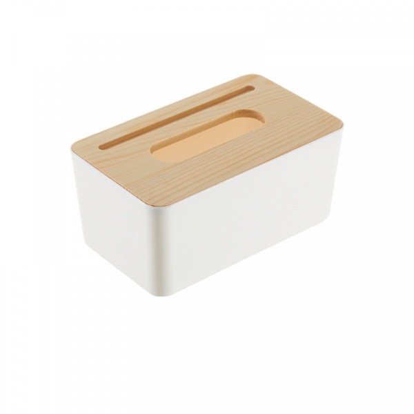 GOME กล่องทิชชู่พลาสติกเหลี่ยม ฝาไม้ ขนาด 13×21×9.5 ซม. รุ่น SX-006 สีขาว