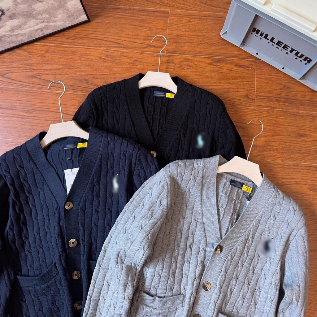 V5CS RL Classic Embroidered Logo British Old Money Style Men's Casual Wear V Twisted Knit Cardigan S