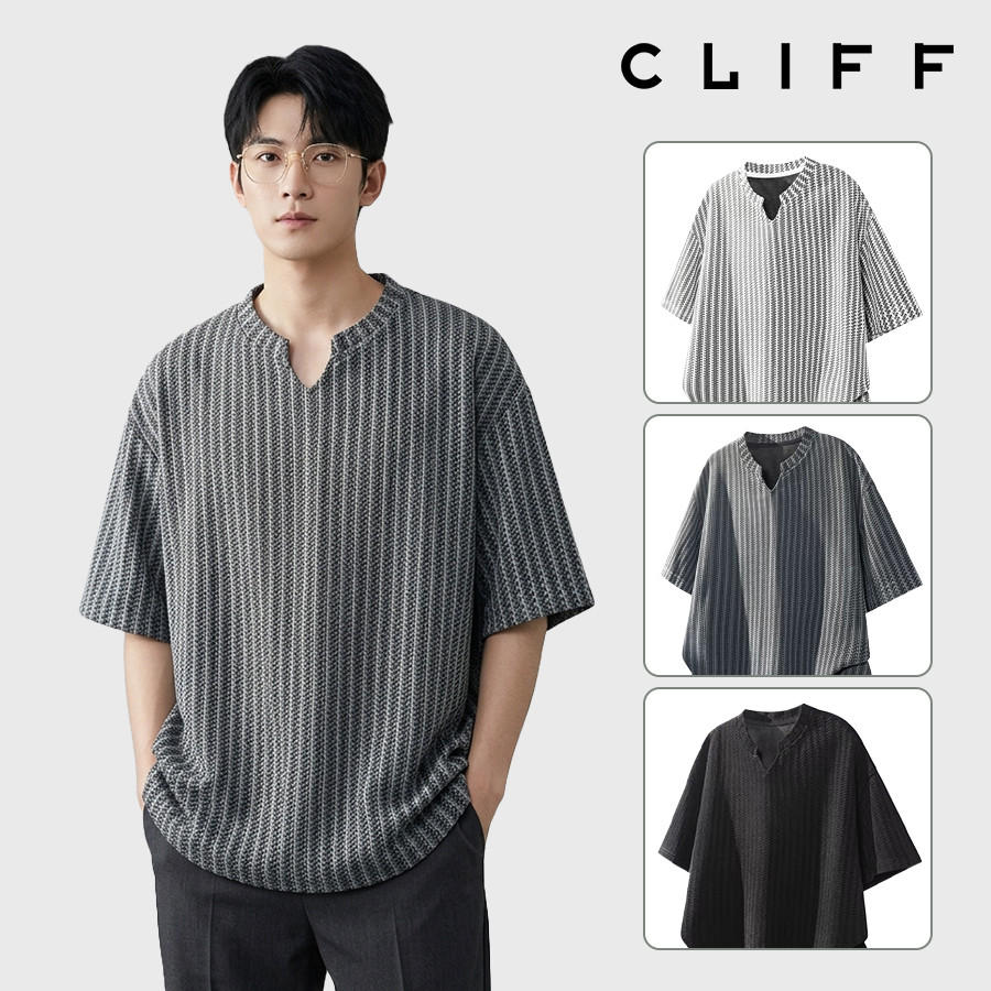 CLIFF เสื้อเชิ้ตแขนสั้นคอวี ลายก้างปลา ผู้ชาย ทรงหลวม สีสวย เข้ากับทุกสไตล์