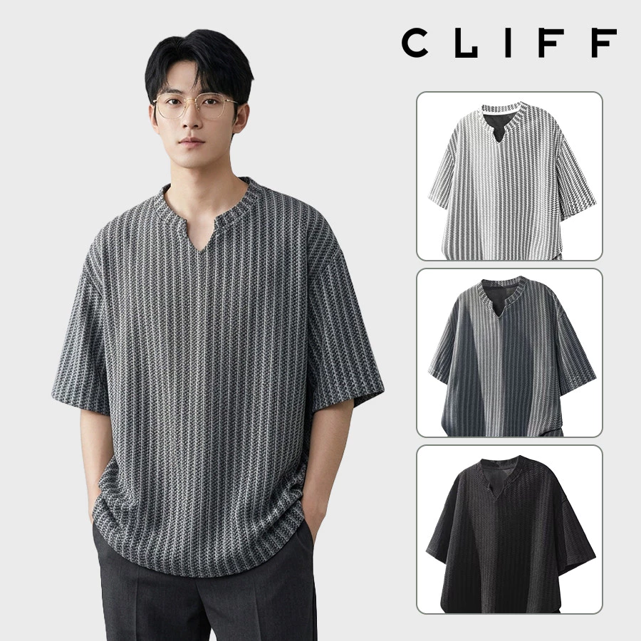 CLIFF เเสื้อเชิ้ตแขนสั้นคอวีผู้ชาย ลายก้างปลา สไตล์เกาหลี ทรงหลวม สีสันสวยงาม แต่งได้ทุกลุค เหมาะฤดูร้อน พร้อมส่ง