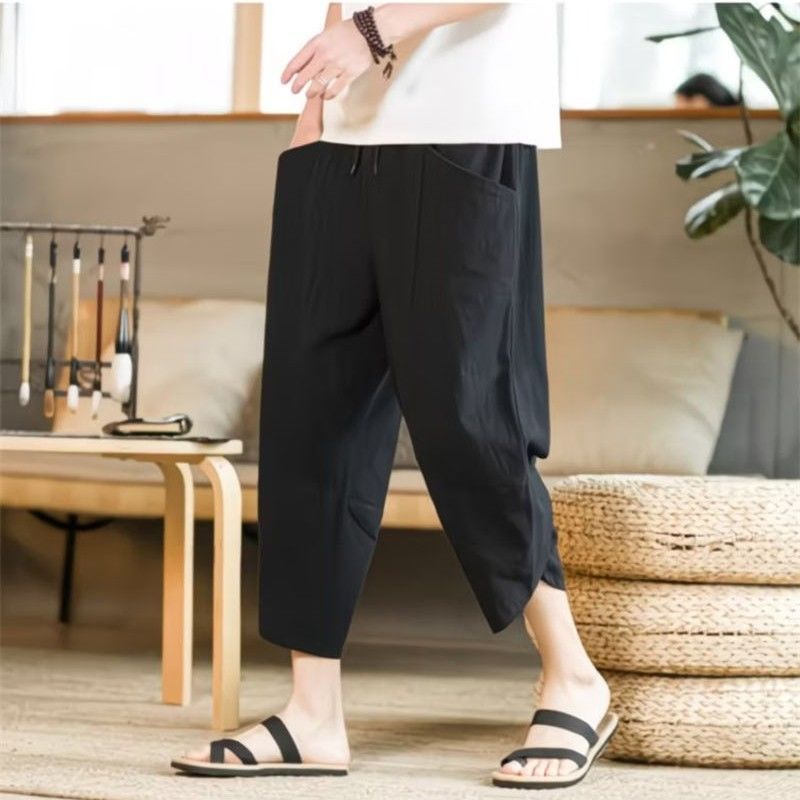 K888 Cropped Pants ฤดูร้อนผ้าฝ้ายผ้าลินิน Over-the-Knee กางเกงขาสั้นหลวม Breathable Harem กางเกงสไตล