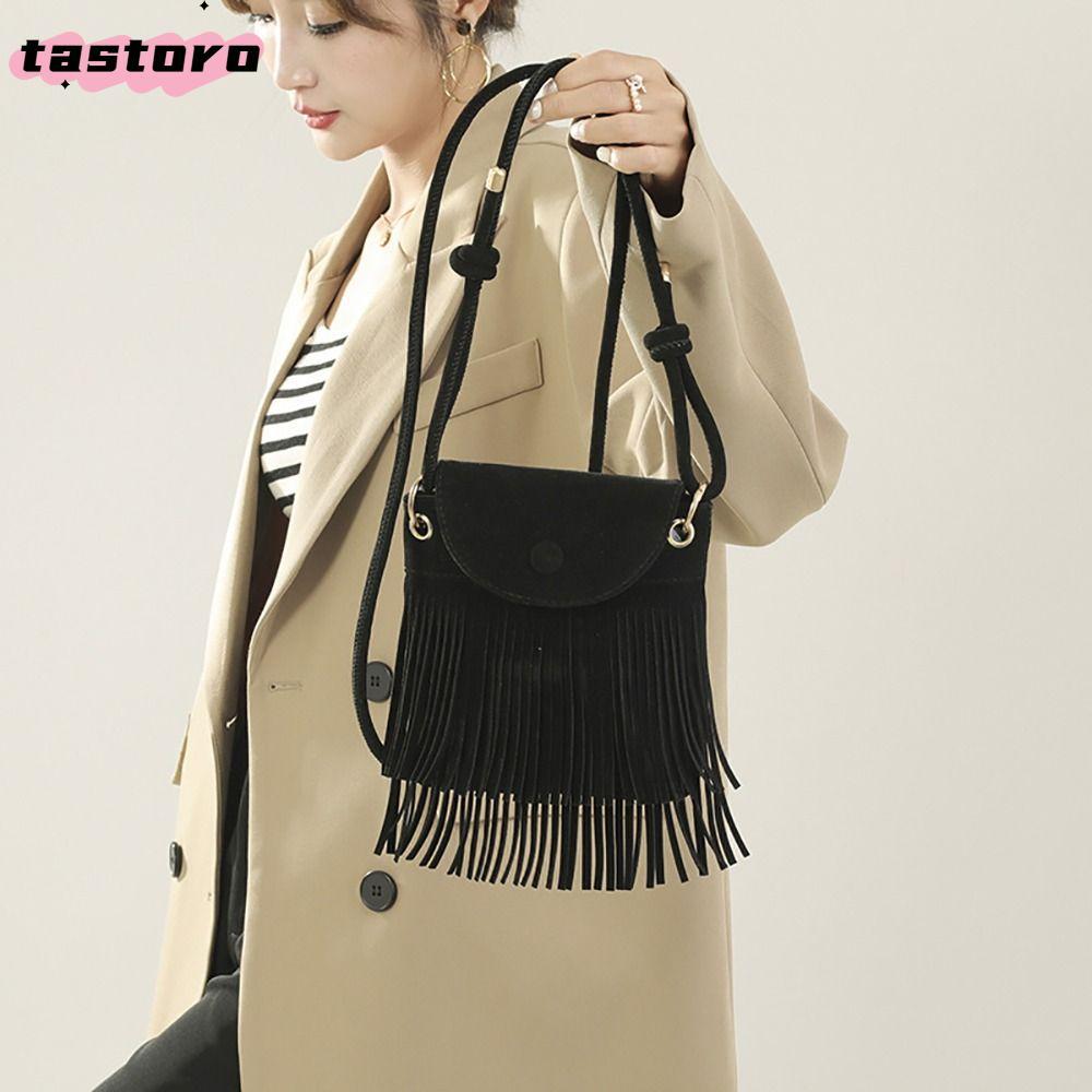 TASTORO Women Tote Bag, กระเป๋าสะพายแฟชั่นแพ็คเก็ต, Buckskin Velvet ทนทาน Fringe Crossbody Grocery Bag