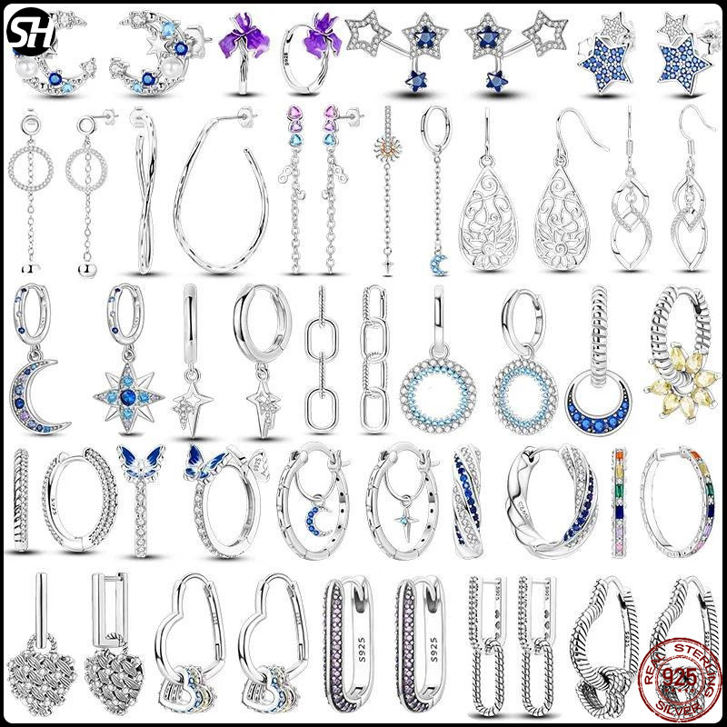 925 Silver Love Feather Moon Star Heart ต่างหู Fit Original Enchantes แหวนสําหรับผู้หญิงสาวต่างหู