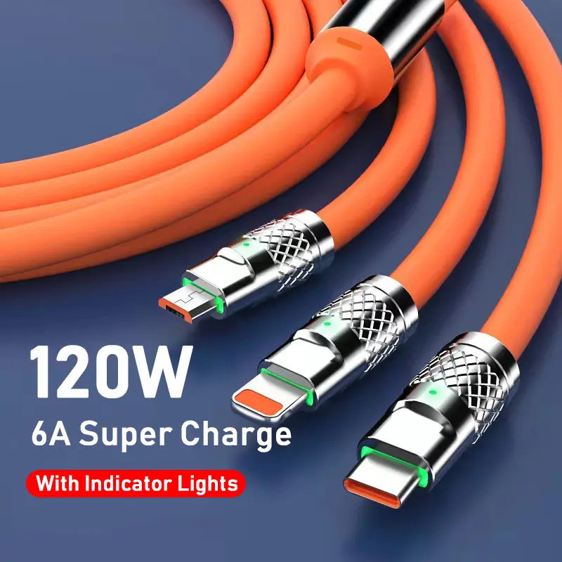 สายชาร์จ 3 in 1 สังกะสีอัลลอยด์ 120W 6A ชาร์จเร็วมาก USB สําหรับ Micro Type-C พร้อมไฟแสดงสถานะ ส่งสั