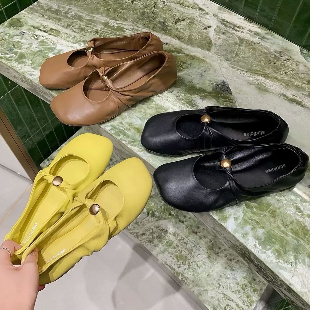 รุ่นหนังแกะ~Knotted Small Gold Buckle Apple Toe Soft Waxy Flat Shoes Womens Shallow Mouth Mary Jane 