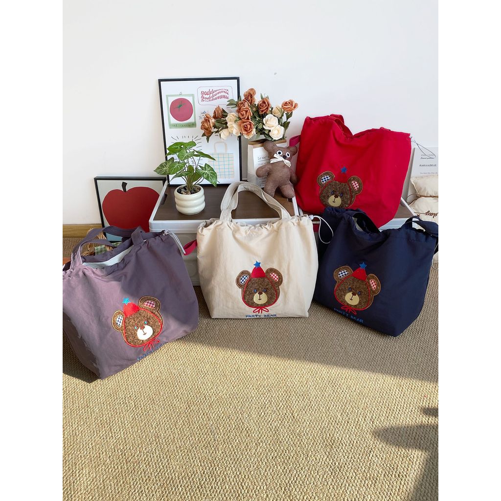 First Nylon Drawstring Shoulder Bag ปัก Bear Tote Bag Large Capacity Bag-Minges Shop