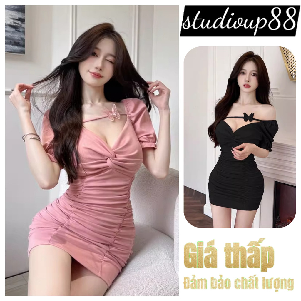 (ส่งจากไทย)เดรสสั้น เปิดไหล่ การตกแต่งผีเสื้อ สม็อคด้านข้างลำตัว ทรงเข้ารูป Dress ชุดพีอาร์