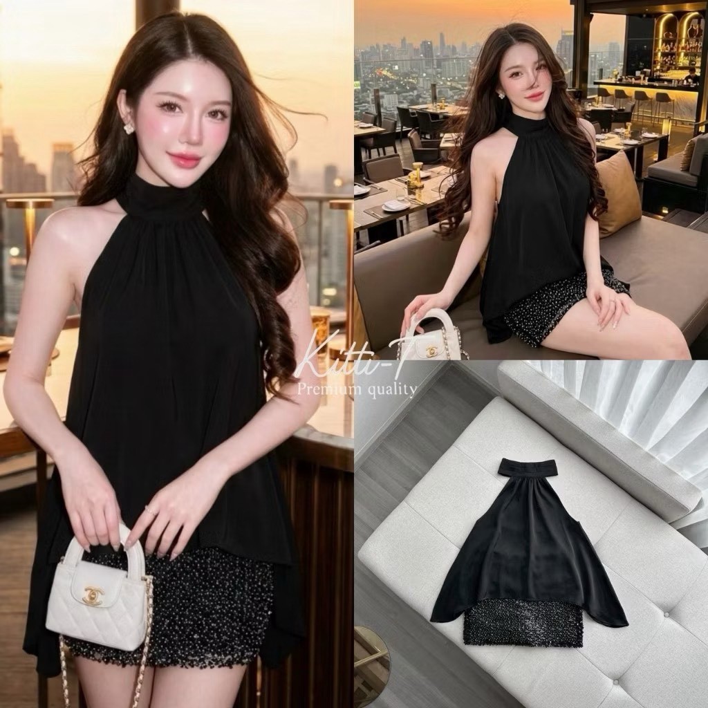 Q.shop (พร้อมส่ง) Kitti258  Set 2 ชิ้น เสื้อทรงคอปีน โชว์หลังเพิ่มความเซ็กซี่และดูแพง sp.