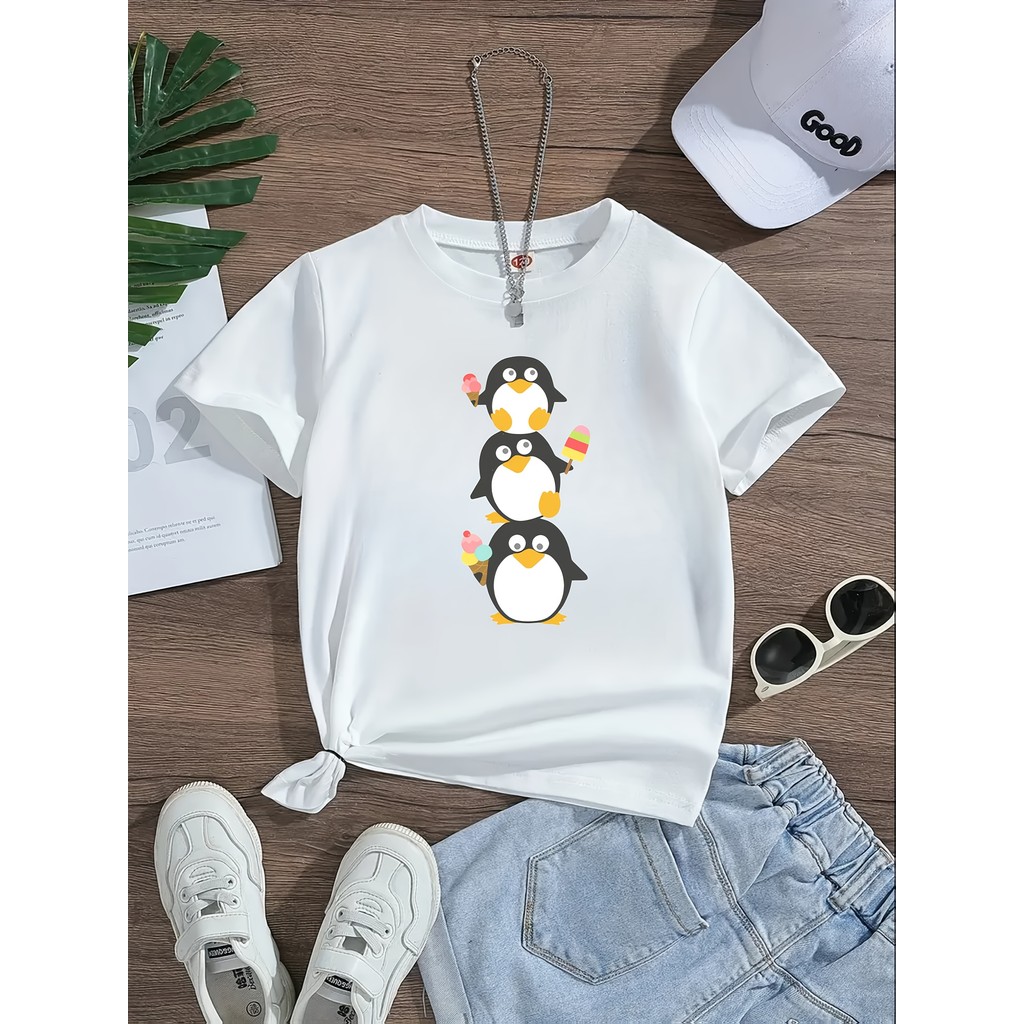 เสื้อยืดแฟชั่นสำหรับเด็กผู้หญิง แบรนด์ Mo Qitong ผ้าฝ้ายลายพิมพ์เพนกวิน