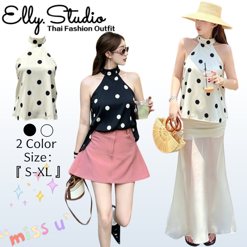 Elly พร้อมส่ง🦄เสื้อแขนกุดคอหงส์🦄ลายจุดสีขาวดำ ผ้าสาตินเซ็กซี่ สไตล์เกิร์ลลี่ เหมาะใส่ไปเที่ยว ฤดูร้อน