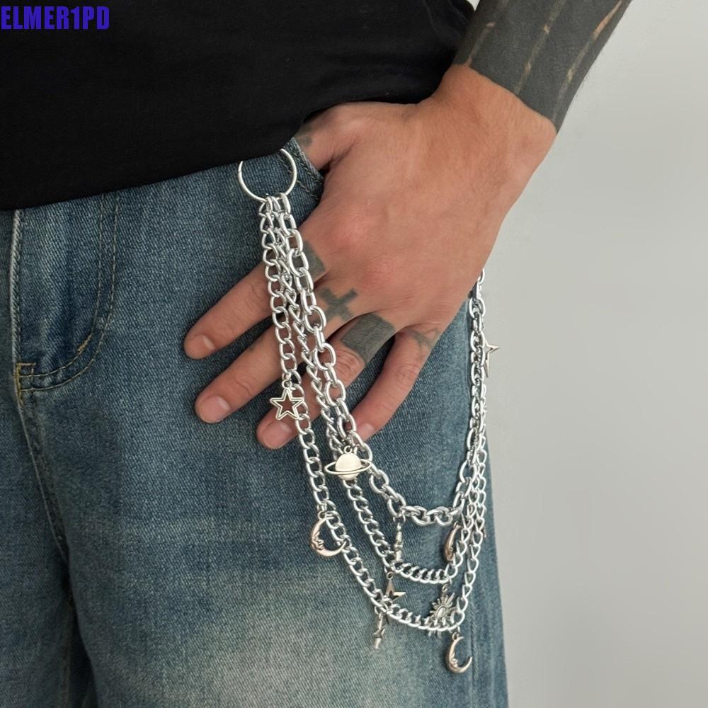 ELMER1PD Metal Pants Belt Chain, Moon Sun Multi Layer เอว, อเนกประสงค์ Y2K Cool Design Hip-hop Style