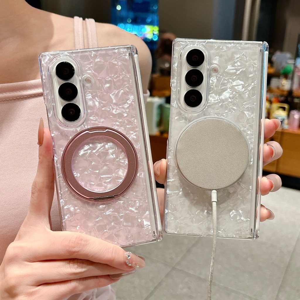 Magnetic attraction Shell pattern วงเล็บ 360 ในตัว เคส Samsung Galaxy Z Fold 7 6 5 Case ชุดสามชิ้นที่ถอดออกได้รวมทุกอย่าง แกนกลางแม่เหล็ก ป้องกันการตก พลิกปก เคส
