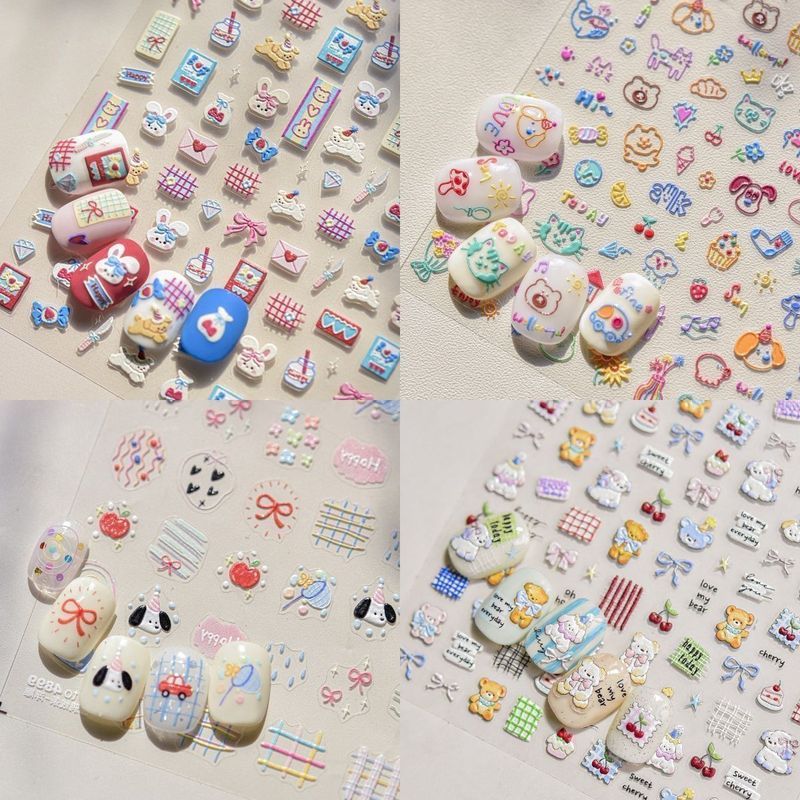 卡通新款可爱小熊小狗浮雕美甲贴纸立体蝴蝶结小兔diy指甲装饰Cute and sweet nail stickers, children's nail stickers, baby nail stic