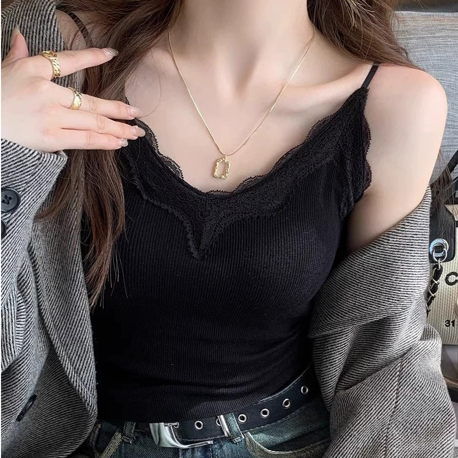 เสื้อสายเดี่ยวลูกไม้สุดเซ็กซี่สำหรับผู้หญิง เสื้อกั๊กถักไหมพรมสไตล์ฝรั่งเศสที่ดูบริสุทธิ์และเย้ายวน เสื้อแขนกุดแบบใหม่ - รูปที่ 5