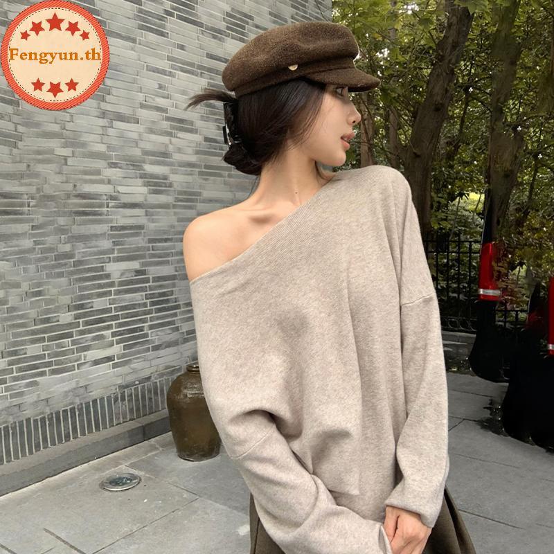 เสื้อกันหนาว femboy แบบหลวม off-shoulder แขนยาวสำหรับผู้หญิง