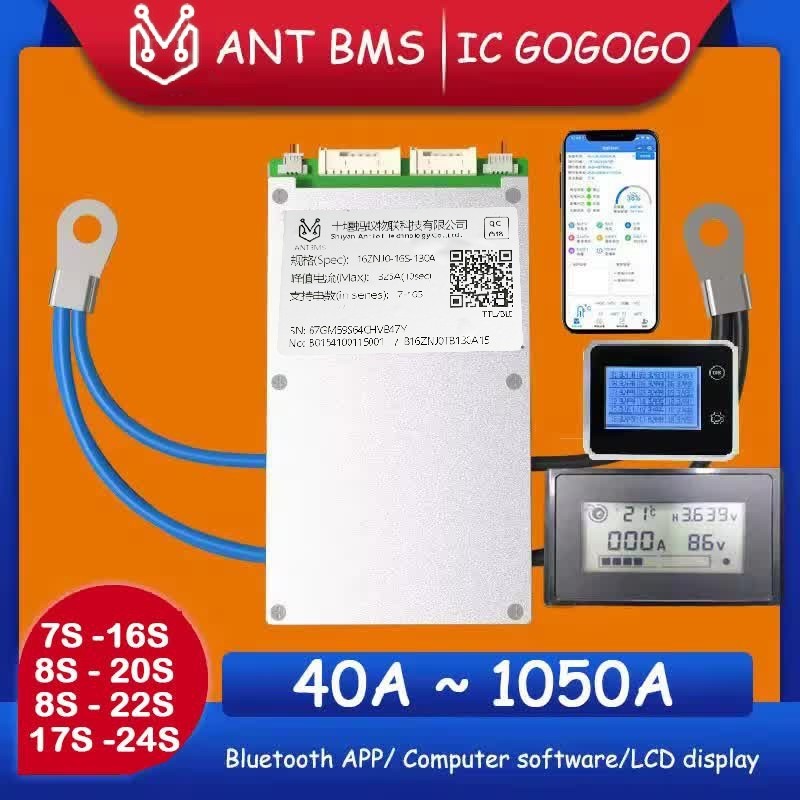 บอร์ดแบตเตอรี่ลิเธียมไอออน 7S ~ 20S ANT Lifepo4 BMS 400A 300A 80A 500A บลูทูธ APP 10S 13S 14S 16S 18