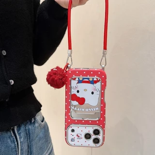 คิตตี้แมวหน้าต่างใส่การ์ดเหมาะสําหรับ ไอโฟน 17โปรแม็กซ์ ผิวเชือกแขวนเคสโทรศัพท์แอปเปิ้ล16/15/14/13