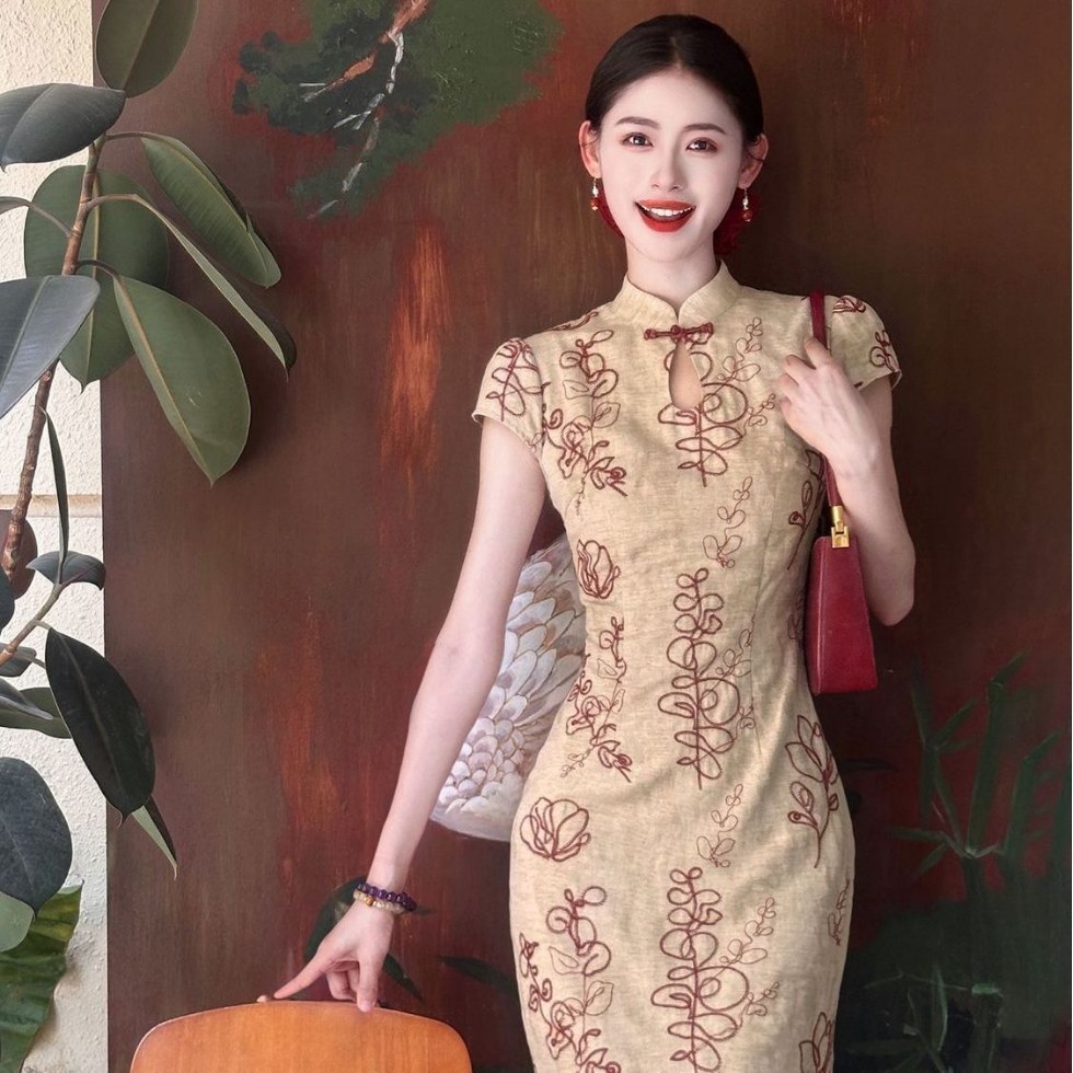 Modern Chinese Qipao Dress - Retro ปัก Modified Qipao Flared Sleeve Elegant Tea Dress