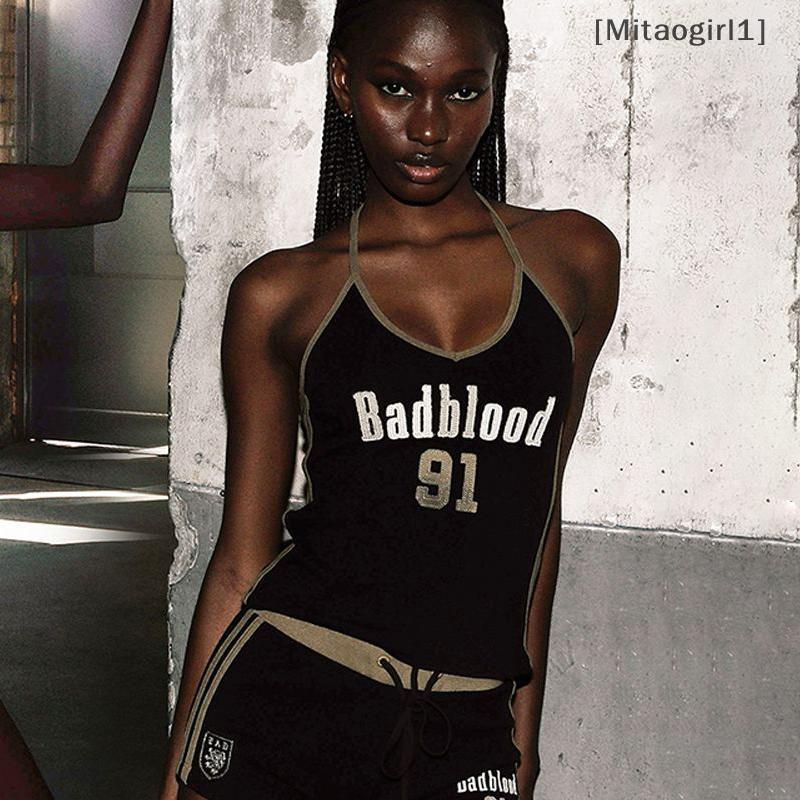 [Mitaogirl1] ฤดูร้อนหวานและเผ็ด Retro Letter ลายสก๊อตพิมพ์ Halter คอ Camisole สําหรับผู้หญิง [Vn]