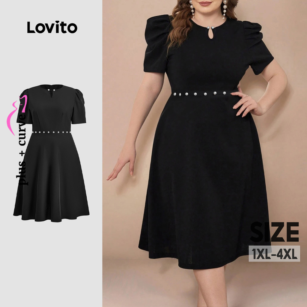 Lovito ชุดเรียบร้อยหรูหราด้วยไข่มุก เสื้อผ้าฤดูใบไม้ผลิ/ฤดูร้อนสีดำ สำหรับผู้หญิง LBL26599