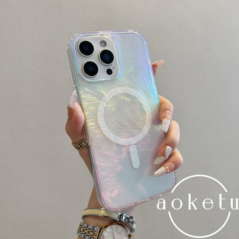Ins Advanced Light Luxury Color Plated Feather เคสโทรศัพท์แม่เหล็กเหมาะสําหรับ iPhone 11 12 13 14 15 16 Pro Max โปร่งใสเพชรตารางรวมทุกอย่าง Anti Drop Hard Cover