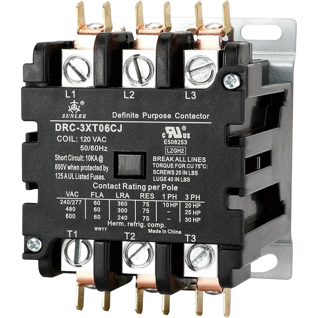 SUNLEE 60 Amp 75 RES 3 Pole 120v คอยล์ SunLee DP Contactor A2L Compliant UL Recognized & ได้รับการอน