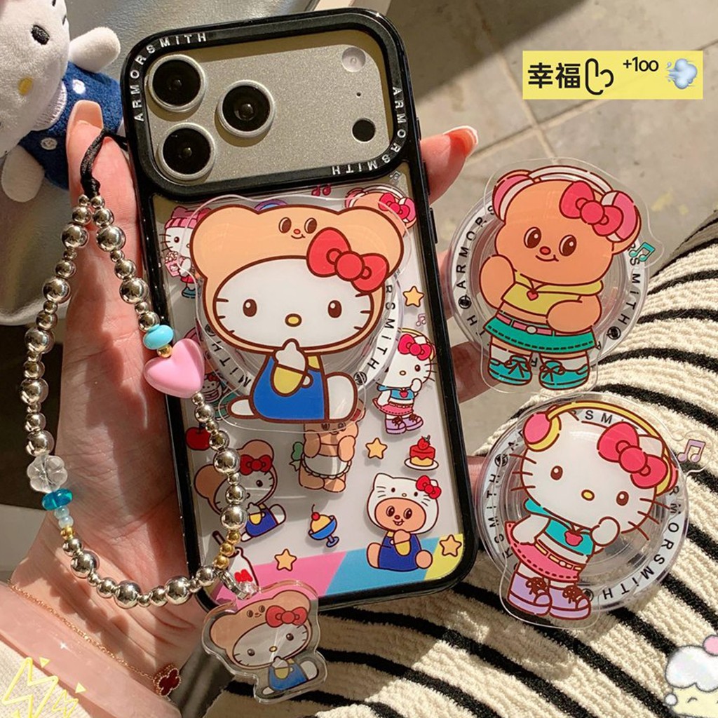 สําหรับ iPhone 17 Air 16 Pro Max 15 14 Plus 11 13 12P น่ารักเนยหมี Hello Kitty รูปแบบ Soft TPU ป้องกันกรณีแม่เหล็กดึงดูดขาตั้ง Dirt Resistance กันกระแทก