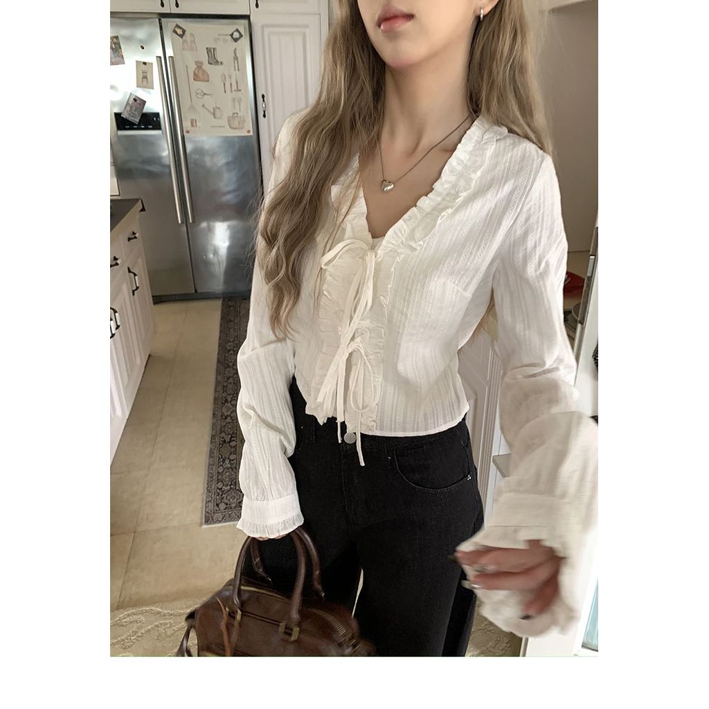 เสื้อแขนยาวสไตล์ฝรั่งเศสสำหรับผู้หญิง หวาน คอวี สบายๆ ในฤดูใบไม้ร่วงและฤดูหนาว - รูปที่ 3