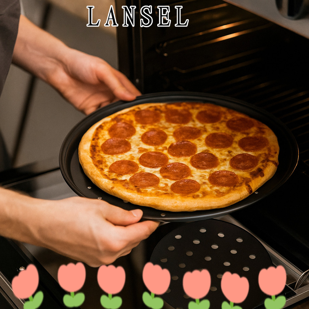 LANSEL1 ถาดอบพิซซ่า, ชุดกระทะพิซซ่าแบบมีรูแบบไม่ติด 10/11/12 นิ้ว, เหล็กกล้าคาร์บอนทนทาน Mupti Purpose Round Cooking Plate Crispy & Bubbly