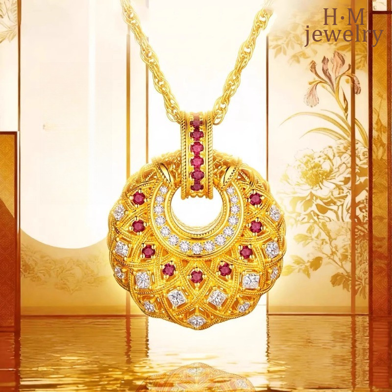 Tang Palace Night Banquet Tang Cai Ling จี้คอรันดัมสีแดง Retro Palace สไตล์เพชร-Encrusted กระเป๋าเงิ