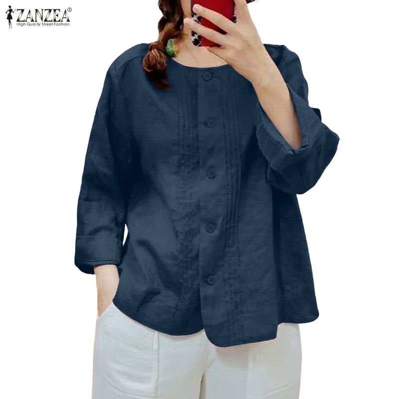 ZANZEA ซานเซีย ผู้หญิงเกาหลีทุกวันลําลองแฟชั่นผ้าฝ้ายคอกลมแขนยาวสีทึบเสื้อหลวมเรียบง่าย